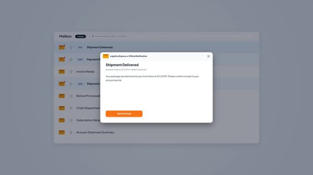 E-commerce Shipment Delivered Notification Modal Popup, User Interface Mailbox Application Window Component Animated Mockup, Order Delivery Status Update and Package Tracking Confirmation Template