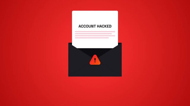 Account Hacked Security Notification Email Document Popping Out from Envelope with Warning Triangle Sign Icon on Red Screen Background, 4K Vector Animation
