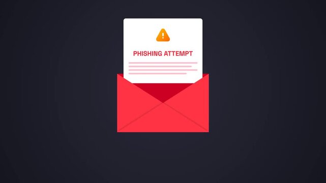 Phishing Attempt Security Warning Alert Message on Letter Inside Red Envelope Against Dark Background Concept Animation, 4K Motion Graphic