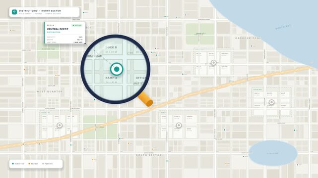 Magnifier over city map revealing logistics depot nodes with capacity cards and delivery route