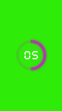 Simple vertical 10 second countdown timer featuring a purple circular progress bar and white digital numbers on a green screen background for easy alpha channel removal