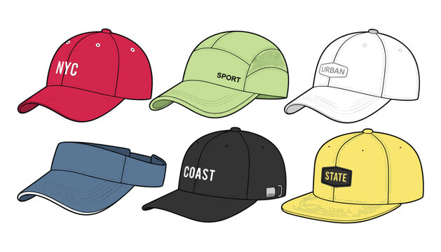 Baseball cap vector set featuring colorful sports hats and sun visor isolated on a white background