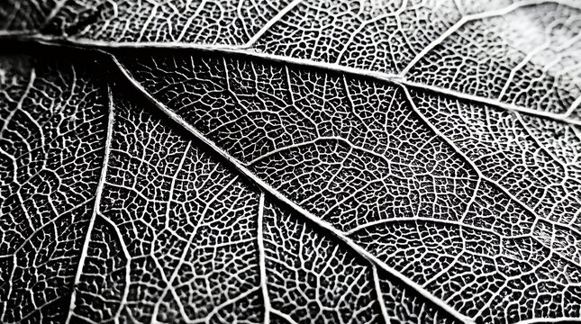 High Contrast Monochrome Macro Close Up Showing Organic Cell Structure and Vein Details of Abstract Black and White Leaf abstract black white leaf texture background monochrome macro organic cell