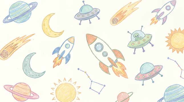 Playful Hand Drawn Space DoodlesFeaturing Stars Planets and Cosmic Elements in Colorful Pastel Crayon Style for Childrens Design space doodle crayon drawing hand drawn pastel chalk stars planet