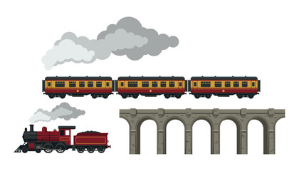 Vintage steam train set with locomotive passenger carriages stone bridge viaduct and smoke clouds isolated vector illustration © Ruma