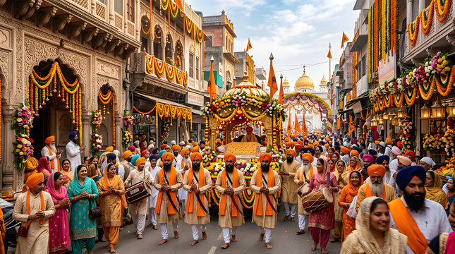 Traditional Sikh religious procession with decorated palki on street.