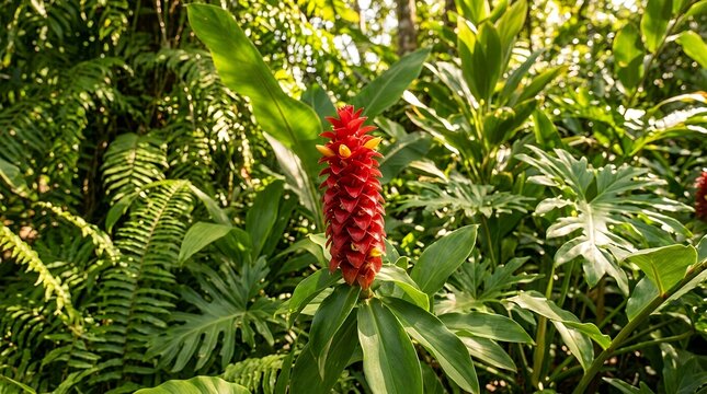 Vibrant Red Spiral Ginger Lily Inflorescence Blooming Amidst Lush Green Tropical Foliage Under Warm Sunlight red ginger spiral ginger tropical flowers costus barbatus botanical flora bloom blooming