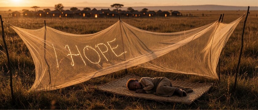Sleeping Child Under Mosquito Net with Hope Message at Sunset in African Village