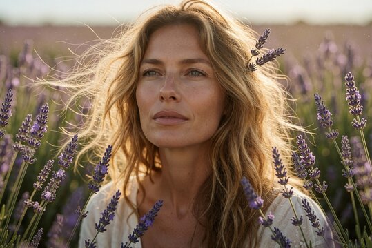Beautiful Mature Woman with Natural Hair Posing in a Purple Lavender Field at Sunset