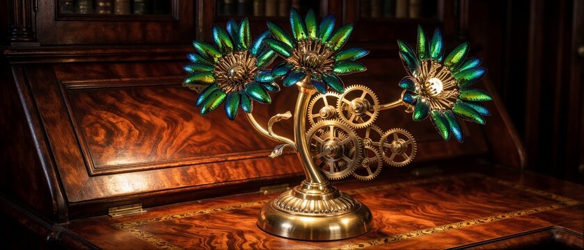 Intricate Steampunk Mechanical Flower Sculpture with Iridescent Petals on Vintage Wooden Desk