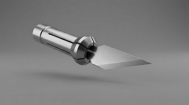 A close-up studio shot of a metallic exacto blade held by a precision collet mechanism isolated against a clean neutral grey background for industrial use