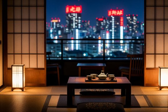 Traditional Japanese Washitsu Room with Tea Set and Blurred City Night Skyline View
