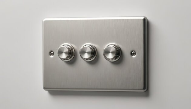 Modern metallic light switch with three toggle buttons on sleek wall surface