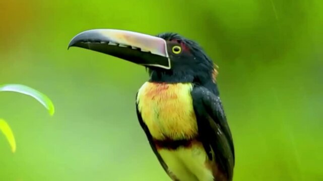 Collared Aracari toucan bird perched in tropical rainforest jungle environment