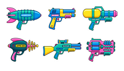 Naklejka premium Colorful water gun vector icons set with futuristic retro squirt guns and sci-fi blasters for summer fun designs