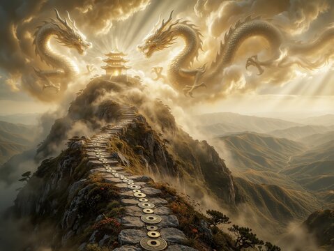 Majestic Golden Dragons Circling a Pagoda Temple on a Misty Mountain Peak