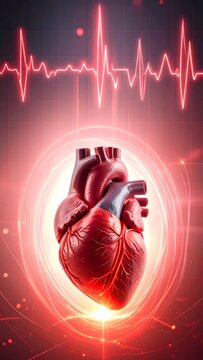 Human heart organ with ecg heartbeat rhythm on medical grid background