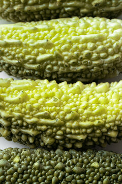 Close-up of fresh green bitter gourd or bitter melon texture background
