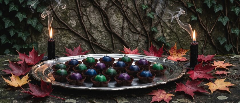 Mystical Arrangement of Colorful Glazed Desserts with Burning Black Candles and Autumn Leaves