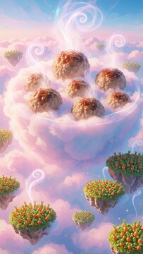 Surreal Digital Art of Floating Meatballs and Carrot Gardens in a Dreamy Pastel Sky