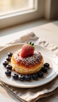 Delicious Freshly Baked Pastry with Glaze and Fresh Strawberry Topped with Powdered Sugar