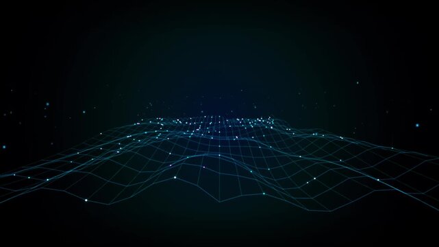 Abstract digital landscape with glowing blue wireframe mesh and particles on a dark background