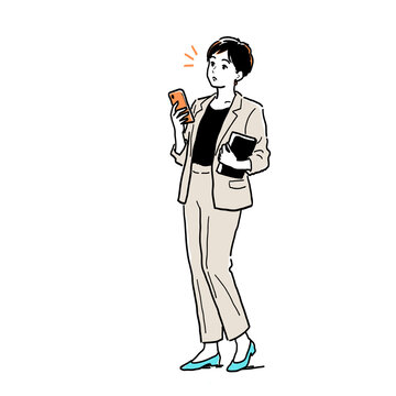 スマートフォンで予定を確認する女性の線画イラスト