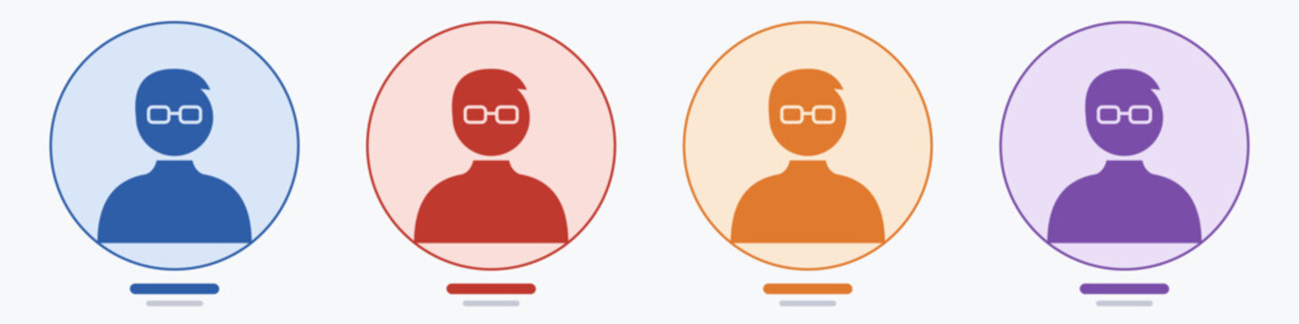 Business avatar set of woman with pixie cut and glasses, professional female silhouette in blue red orange purple circles, corporate profile picture vector icons