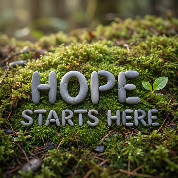 Stone typography spelling hope starts here resting on lush green forest moss