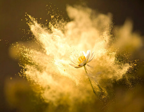 Golden flower surrounded by glowing pollen dust and soft bokeh, creating luminous botanical scene with delicate movement and warm natural atmosphere