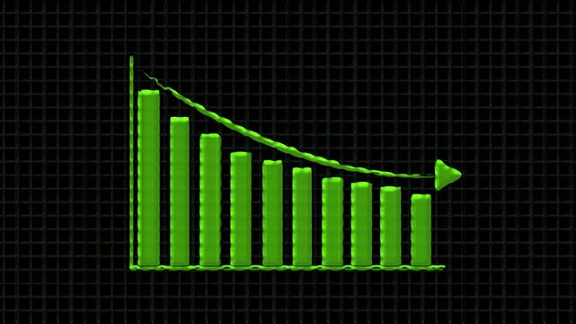 Green Bar Chart Showing Downward Trend with Arrow and Textured Background graph data