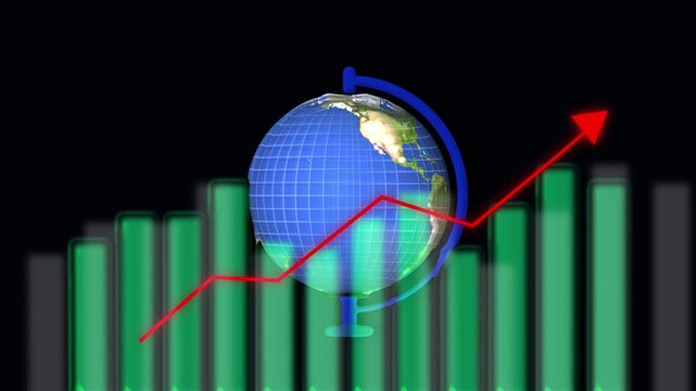 Globe with Red Downward Trend Arrow Over Green Bar Chart earth world