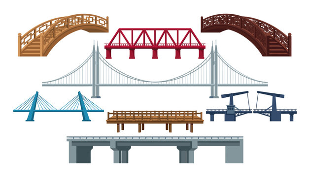 Different types of bridges vector set including suspension truss arched wooden and cable stayed bridge designs isolated on white background (19 words)
