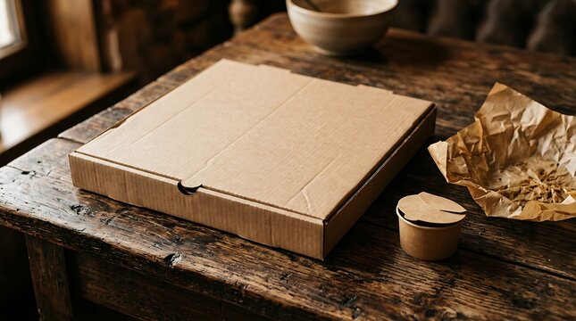 Closed cardboard pizza box on a rustic wooden table with takeaway packaging