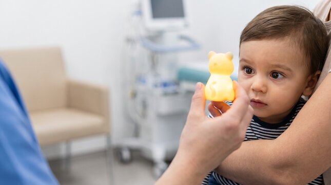 Ophthalmology: Toddler follows a glowing toy during a gentle visual fixation assessment