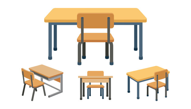 Vector illustration set of wooden school desks and chairs isolated on white background from different view angles