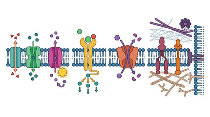 Fototapeta premium Cell membrane transport and lipid bilayer protein functions flat vector illustration for biology education and medical research