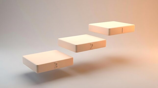 A 3d render of 123 steps conceptualizing success, growth, and progress through three minimalist floating platforms arranged in a hierarchy of levels.