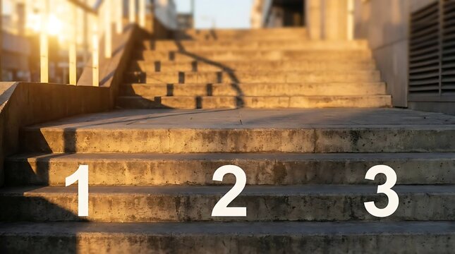 Concrete stairs featuring 123 steps marked with white numbers on the first riser as a metaphorical concept for growth, progress, success, and business milestones