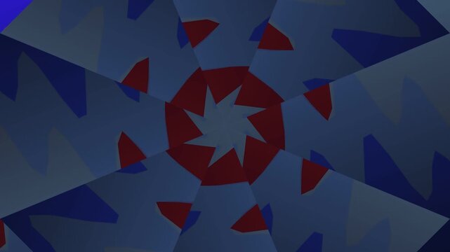 Abstract Geometric Blue and Dark Red Kaleidoscope Pattern Featuring Symmetrical Radial Shapes