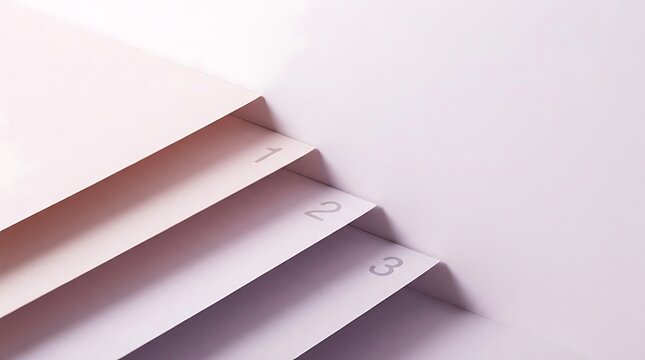Minimalist composition with paper layers creating 123 steps, representing a structured process, growth progression, and organized planning strategy concept