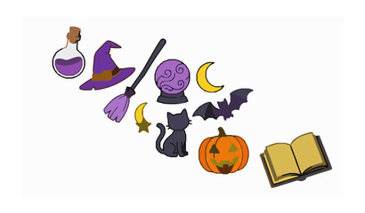 Fototapeta premium Magical Halloween Vector Illustration Set with Witch Hat Potion Broom Pumpkin and Cat
