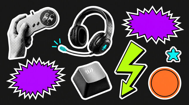 Gaming and streaming sticker set with headset, microphone, and retro pop art elements