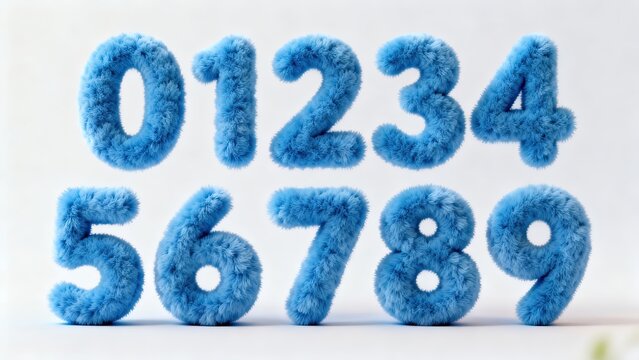 3D Blue Furry Numbers 0-9 Set, Cute Round Fluffy Fuzzy Texture Digits Collection for Kids Poster, Childish Design, Lovely Title, Birthday and Creative Typography Projects
