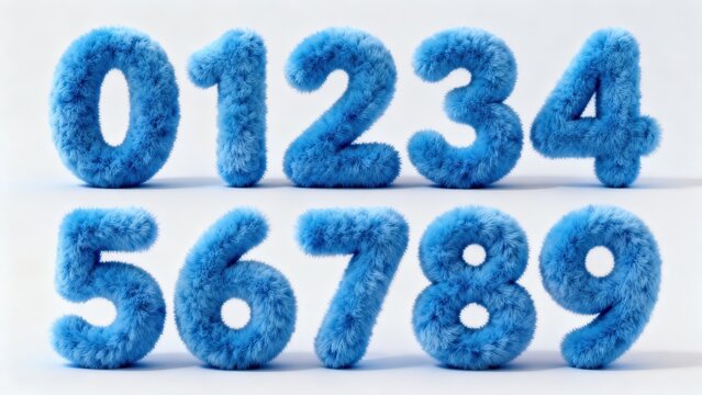 3D Blue Furry Numbers 0-9 Set, Cute Round Fluffy Fuzzy Texture Digits Collection for Kids Poster, Childish Design, Lovely Title, Birthday and Creative Typography Projects