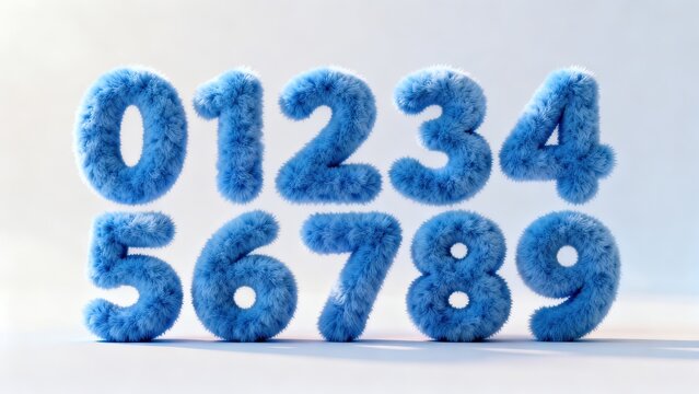 3D Blue Furry Numbers 0-9 Set, Cute Round Fluffy Fuzzy Texture Digits Collection for Kids Poster, Childish Design, Lovely Title, Birthday and Creative Typography Projects