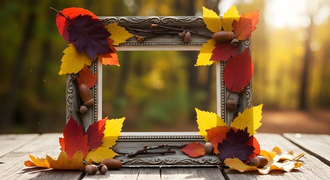 Empty picture frame decorated with colorful autumn leaves on a rustic wooden table
