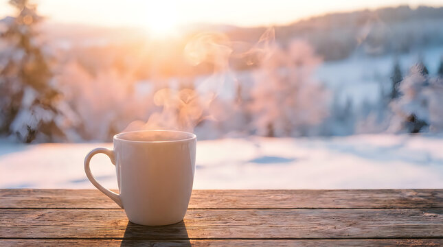 A steaming mug of hot coffee on a wooden table overlooking a beautiful snowy winter landscape at sunset