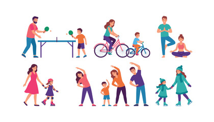 Fototapeta premium Active family cartoon characters practicing sports fitness yoga cycling ice skating and table tennis outdoor vector illustration set