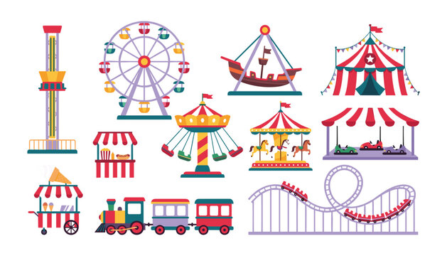 Amusement park rides and circus carnival attractions vector illustration set with roller coaster ferris wheel carousel and tent